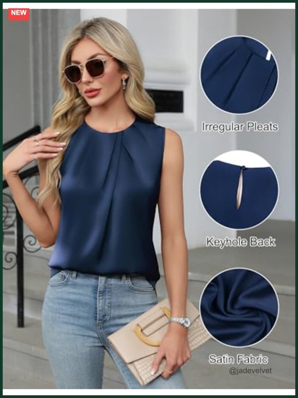 Satin Tank Top Blouse Business Casual Work Tops Pleated Crew Neck Sleeveless - Picture 3 of 6